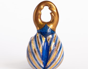 Ceramic Bug Ring · Hand-Painted Blue & Gold Rays · Gilded Top · One of a Kind