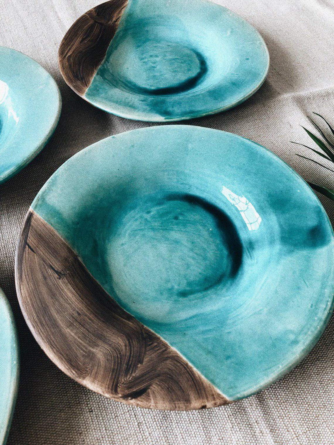 Big blue teal ceramic plate 26 cm / 10 in Clay serving Etsy