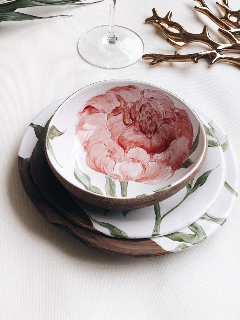 Pink peony pottery dinnerware set Spring garden flowers Etsy