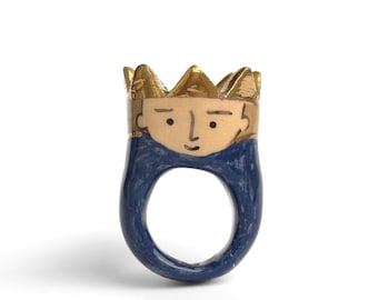 Ceramic King Ring · Hand-Painted Portrait with Gold Crown · Figures Collection · One of a Kind