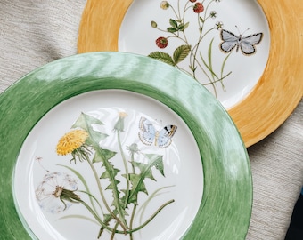 Floral ceramic plate in 2 variations with dandelion, strawberry, butterfly, ladybug, hand painted by Julia Pilipchatina, ukrainian artist