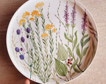 Botanical ceramic porcelain dinnerware plate with Tiletiletesto handpainted plants wildflowers and herbs. Dinner stoneware serving plate