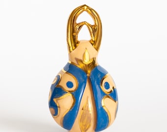 Ceramic Bug Ring · Hand-Painted Blue & Gold Ornament · Ladybug Form · One of a Kind