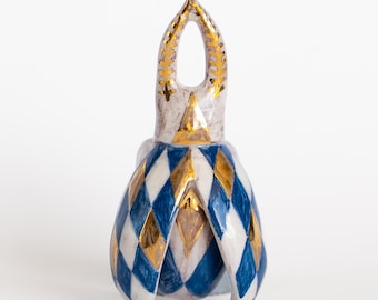 Ceramic Bug Ring · Hand-Painted Blue & Gold Harlequin Diamonds · One of a Kind