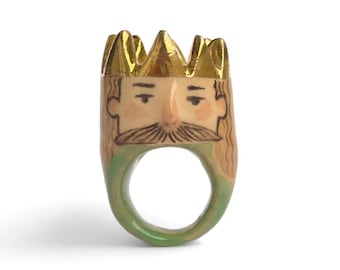 RESERVED for Etsy Design Awards — Hand-Painted Ceramic King Ring with Gold Crown – One of a Kind Sculpture