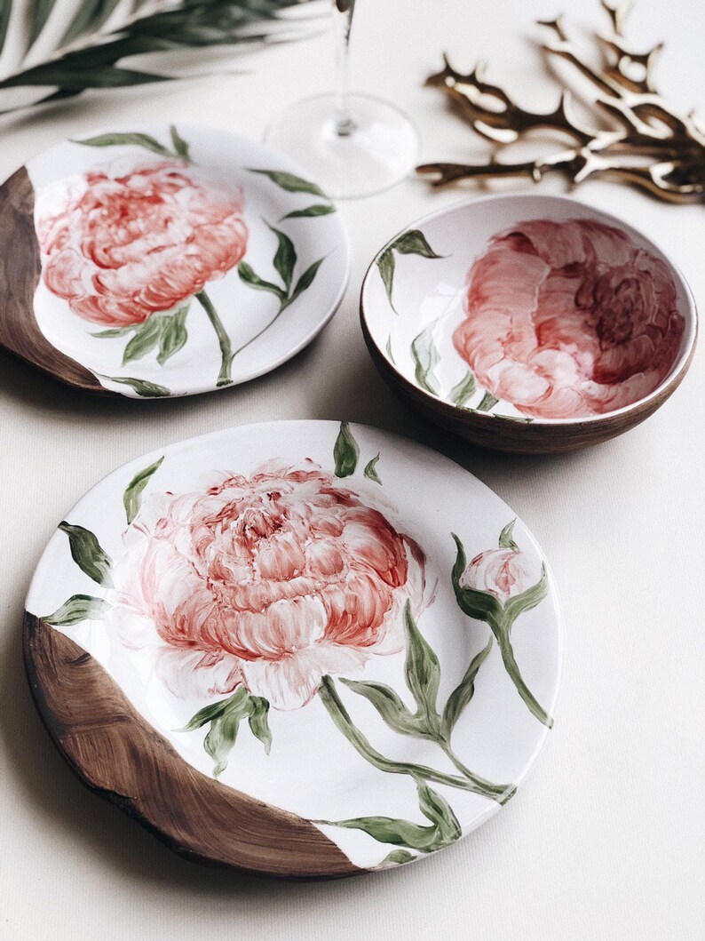 Pink peony pottery dinnerware set Spring garden flowers Etsy