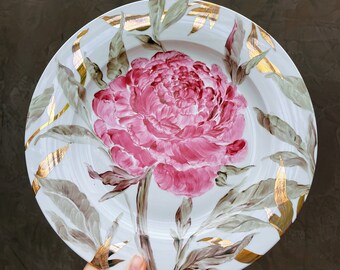 Pink peony ceramic plate, hand painted by Julia Pilipchatina, ukrainian artist