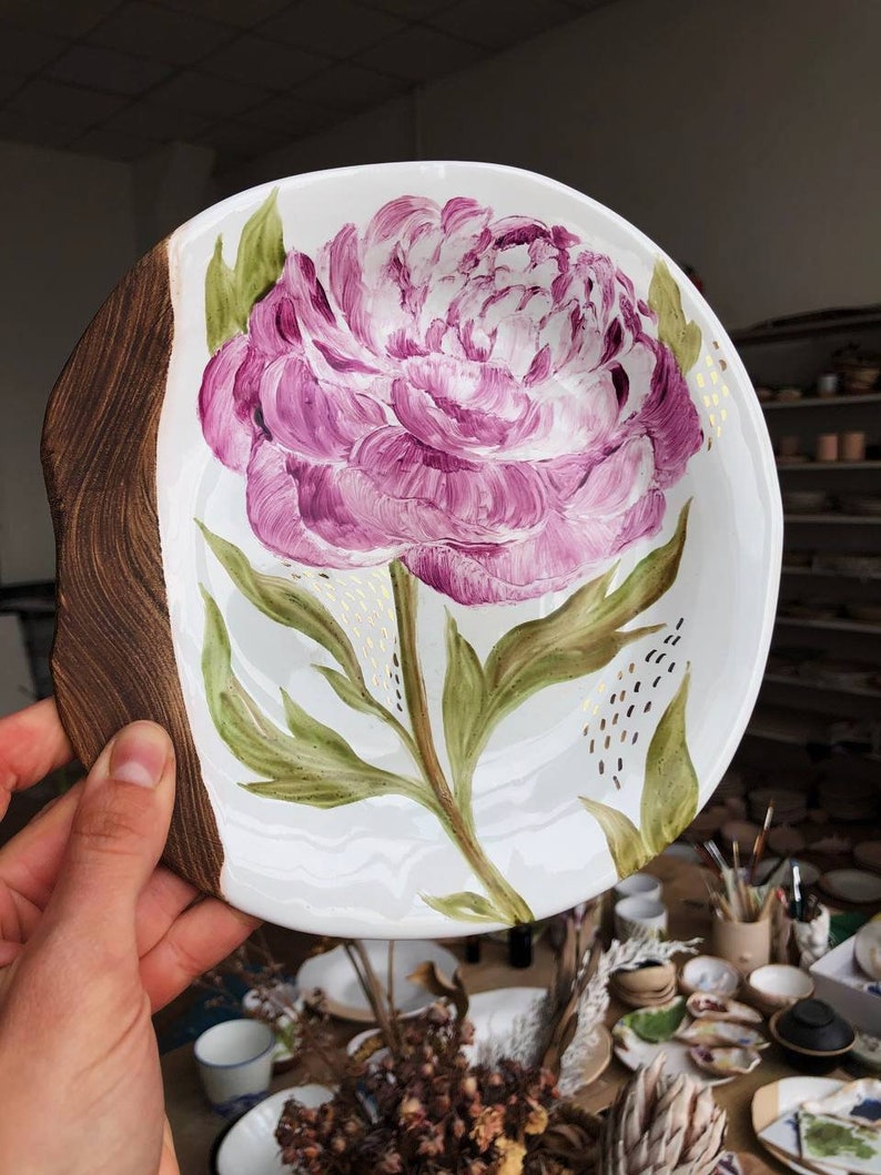 Pink peony pottery dinnerware, Botanical colorful flower plates, Rustic ceramics handmade and hand painted by Tiletiletesto image 4