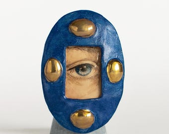 Lover's Eye Ceramic Ring · Hand-Painted Eye on Blue with Gold Studs · One of a Kind