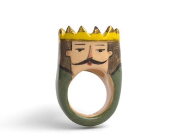 Ceramic King Ring · Hand-Painted Portrait with Gold Crown · Figures Collection · One of a Kind