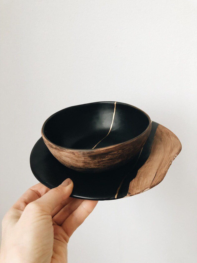 Black ceramic dinner plate with 12 gold Kintsugi inspired Etsy