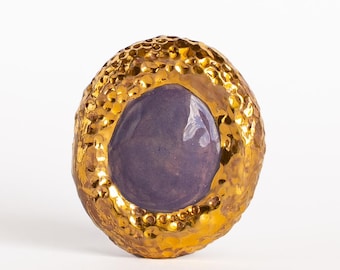 Ceramic Round Cocktail Ring · Hammered Gold Luster · Lilac Cabochon · One of a Kind