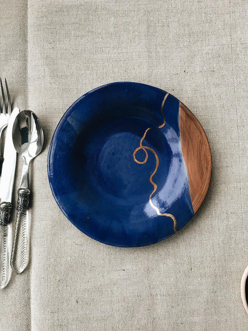 Navy blue and gold pottery dinner plate Stoneware dinnerware Etsy