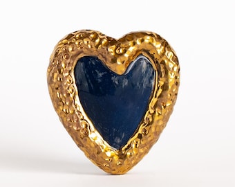 Ceramic Heart Ring · Hammered Gold Luster · Navy Blue Cabochon · One of a Kind
