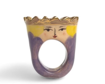 Ceramic Queen Ring · Hand-Painted Portrait with Gold Crown · Figures Collection · One of a Kind