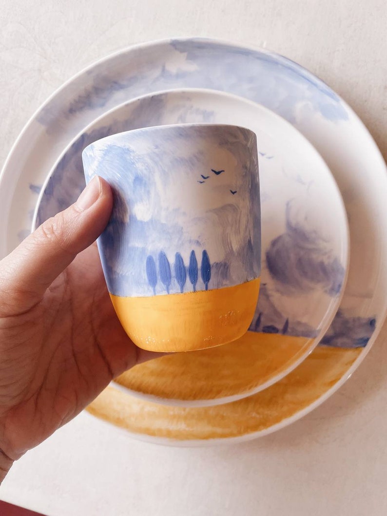 Ceramic Porcelain Tumbler With Handpainted Blue and Yellow Etsy