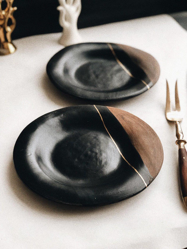 Black ceramic dinner plate with 12 gold Kintsugi inspired Etsy