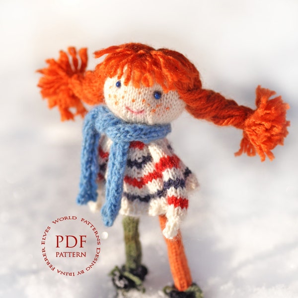 Knitting Pattern PDF for Lotta Doll with Ginger Red Hair. Amigurumi doll pattern.