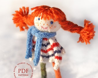 Knitting Pattern PDF for Lotta Doll with Ginger Red Hair. Amigurumi doll pattern.