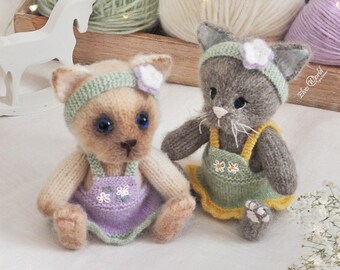 Kitten knitting pattern, knitted animal toy, amigurumi cat with a pinafore dress