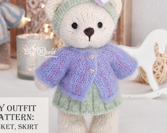 Toy Clothes Knitting Pattern Teddy and Bunny Outfit. Striped Jacket, Skirt and Headband.
