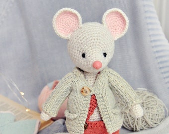 Amigurumi Mouse Crochet Pattern for a mouse in pants. Bonus FREE doll jacket knitting pattern.