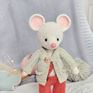 Amigurumi Mouse Crochet Pattern for a mouse in pants. Bonus FREE doll jacket knitting pattern.