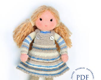 Adele doll knitting pattern-knitted doll with kitty pattern-Waldorf inspired doll-ElvesWorld doll-sweet doll with kitty pattern