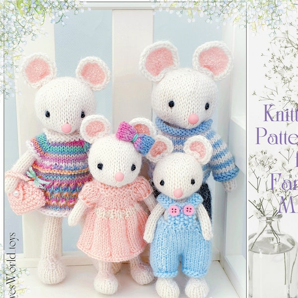 Family mice knitting pattern, stuffed knitted doll, animal toy pattern