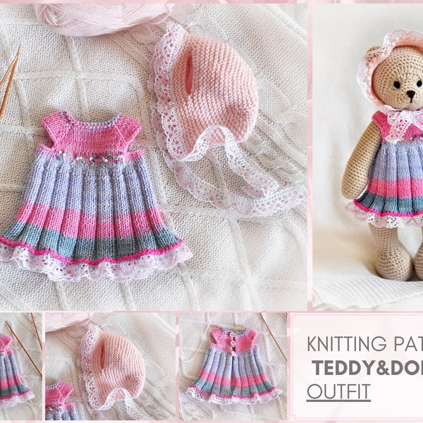 Teddy Bear and Doll Clothes Knitting Pattern PDF, Toy Dress and Bonnet.