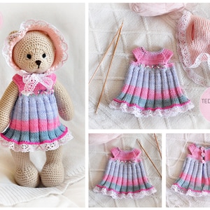 May include: A crocheted teddy bear wearing a pink and purple dress with a white lace trim. The bear is also wearing a pink crocheted hat with a white lace trim. The dress and hat are part of a knitting pattern for a teddy bear and doll outfit.