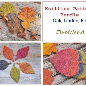 Knitting patterns Bundle Oak Elm Linden Ornament Knitted leaves PDF pattern Knit fall Home Decor DIY Christmas pattern Rustic leaf garlands image 1