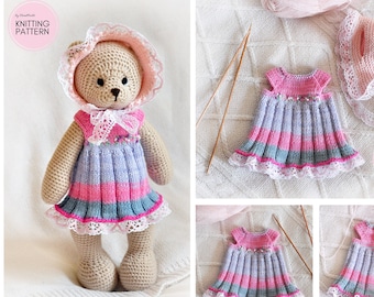 Crochet Pattern Teddy Bear toy. Spring Dress and Bonnet Knitting Pattern. Two pattern deal.