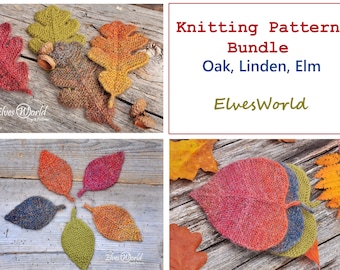 Strickmuster Bundle Eiche Ulme Linden Ornament Gestrickte Blätter PDF-Muster Stricken Herbst Home Decor DIY Weihnachtsmuster Rustikale Blattgirlanden