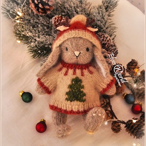 Christmas bunny knitting pattern, stuffed knitted doll, animal toy pattern