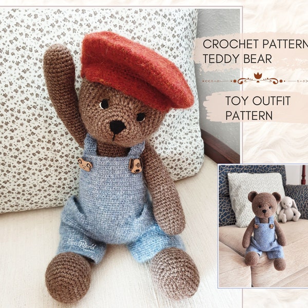 Häkelmuster Teddybär-Spielzeug. Spielzeug-Outfit-Muster: Latzhose und Baskenmütze.