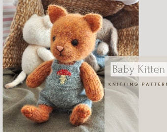 Kitten knitting pattern, knitted animal toy, amigurumi cat doll with outfits