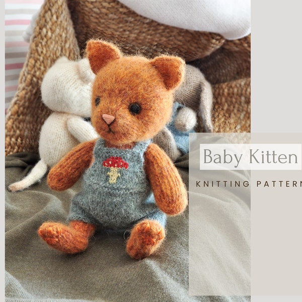 Kitten knitting pattern, knitted animal toy, amigurumi cat doll with outfits