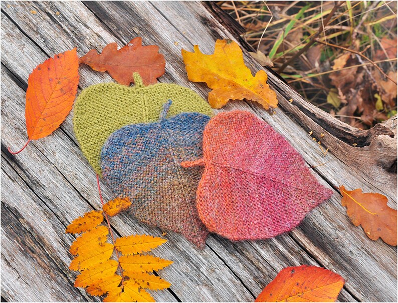 K&ouml;nnte beinhalten: Drei gestrickte Untersetzer in Blattform in Gr&uuml;n-, Blau- und Rosat&ouml;nen. Die Untersetzer sind auf einer Holzoberfl&auml;che mit Herbstbl&auml;ttern drumherum angeordnet.