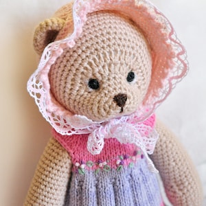 May include: A crocheted teddy bear wearing a pink and white dress with a lace trim. The bear has brown eyes and a brown nose.