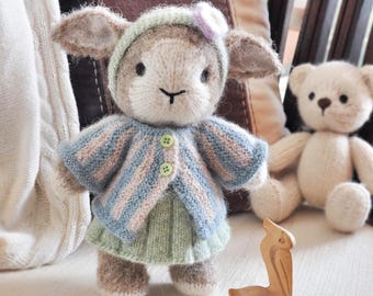 Knitting Pattern for Baby Lamb and Easter Toy Outfit: Striped Jacket and Skirt. English PDF Pattern.