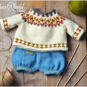 Knitting pattern for Pretty Nordic-Style Teddy Outfit. Doll outfit of dungarees with Norwegian-style sweater.