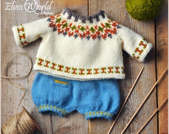 Knitting pattern for Pretty Nordic-Style Teddy Outfit. Doll outfit of dungarees with Norwegian-style sweater.