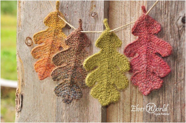 Knitting patterns Bundle Oak Elm Linden Ornament Knitted leaves PDF pattern Knit fall Home Decor DIY Christmas pattern Rustic leaf garlands image 2