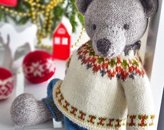 Norwegian Teddy Bear Knitting Pattern PDF Set: Cute Bear and Christmas Sweater & Dungarees.