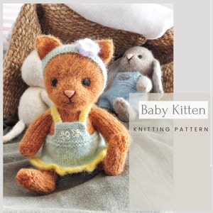 Kitten knitting pattern, knitted animal toy, amigurumi cat with a pinafore dress