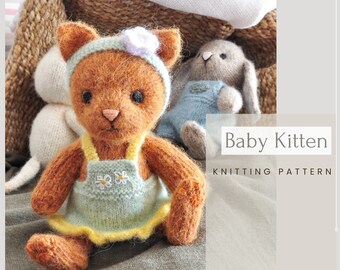 Kitten knitting pattern, knitted animal toy, amigurumi cat with a pinafore dress