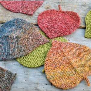 K&ouml;nnte beinhalten: Sechs gestrickte Untersetzer in Blattform in verschiedenen Farben, darunter Gr&uuml;n, Blau, Orange und Rot.