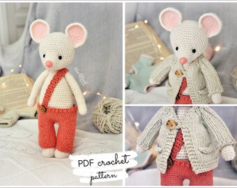 Crochet PATTERN for a mouse in pants. Bonus FREE doll jacket knitting pattern.