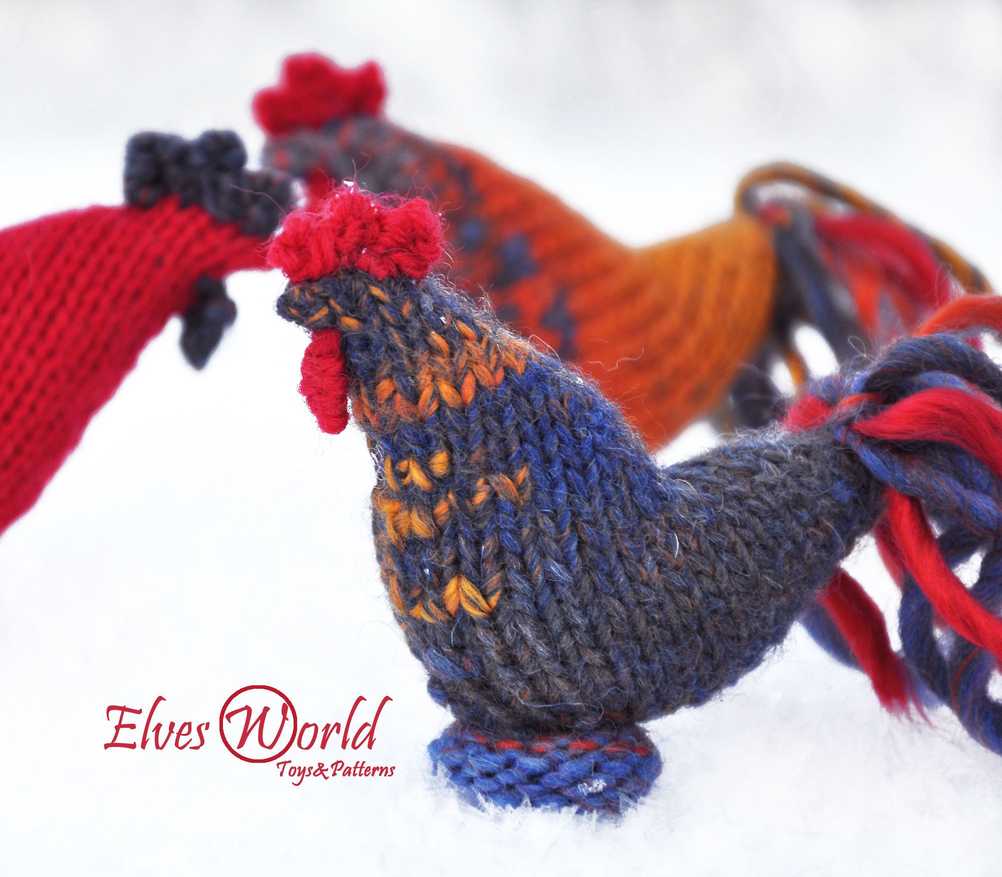 Knitting pattern for Rooster toy. Knitted Easter decorations.